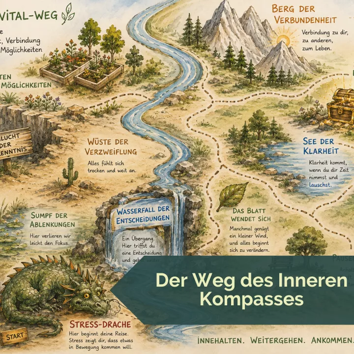 Illustration einer allegorischen Landkarte mit symbolischen Stationen wie Stress-Drache, See der Klarheit und Berg der Verbundenheit als Orientierung in persönlichen Übergängen. Illustration einer allegorischen Landkarte mit symbolischen Stationen wie Stress-Drache, See der Klarheit und Berg der Verbundenheit als Orientierung in persönlichen Übergängen.